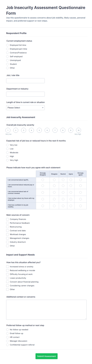 Job Insecurity Assessment Questionnaire Form Template