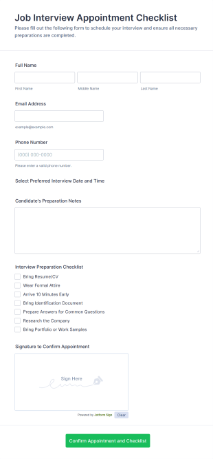 Job Interview Appointment Checklist Form Template