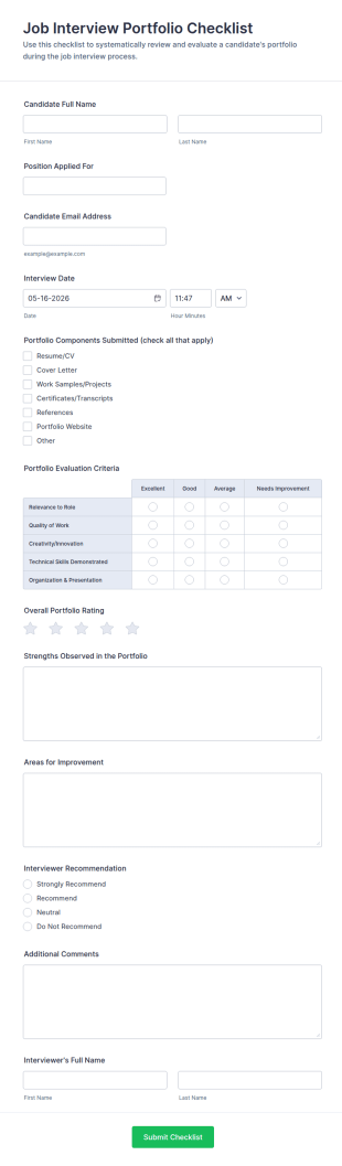Job Interview Portfolio Checklist Form Template