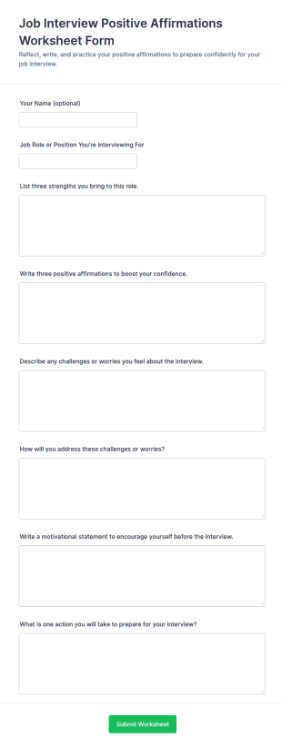 Job Interview Positive Affirmations Worksheet Form Template
