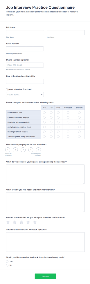 Job Interview Practice Questionnaire Form Template