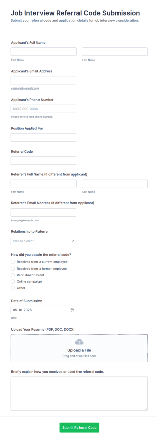 Job Interview Referral Code Submission Form Template