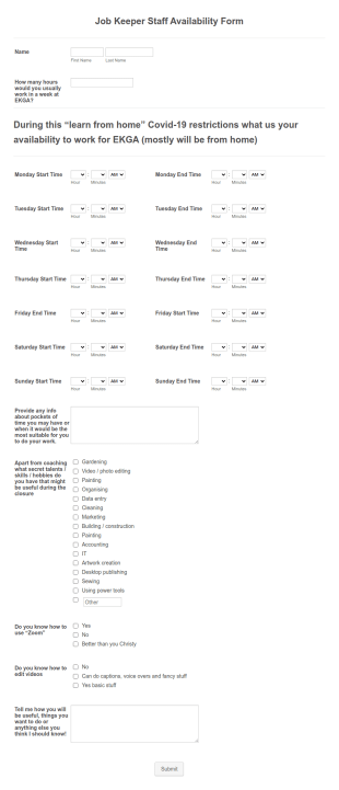 Job Keeper Staff Availability Form Template