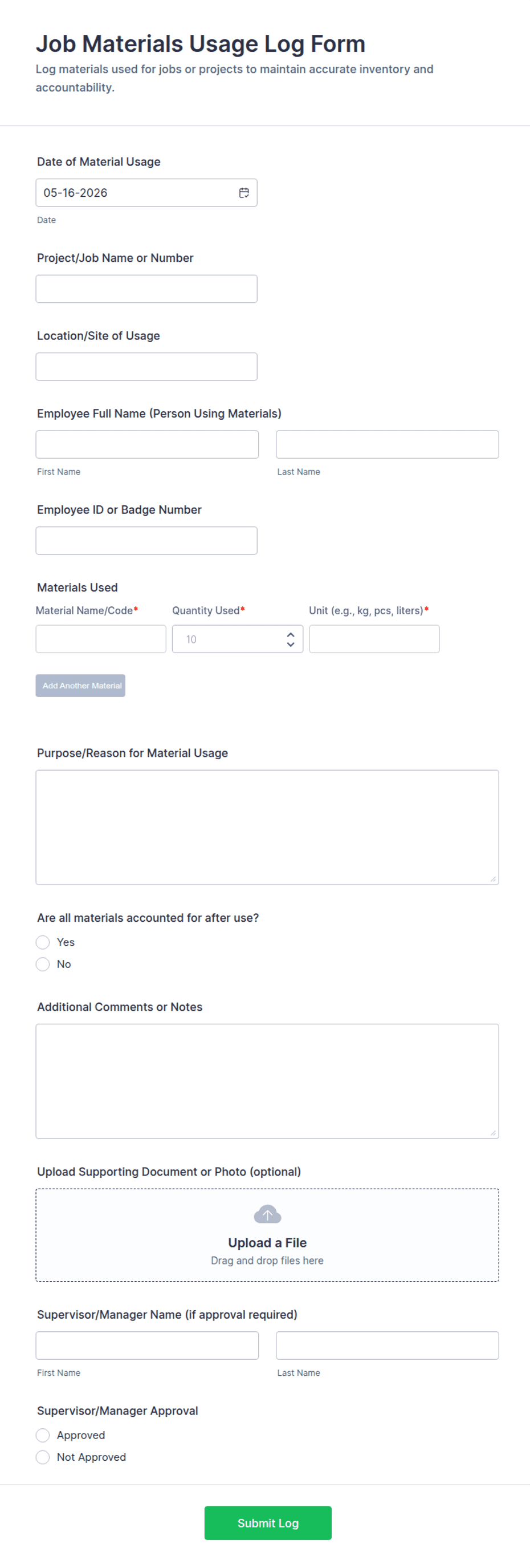 Job Materials Usage Log Form Template | Jotform