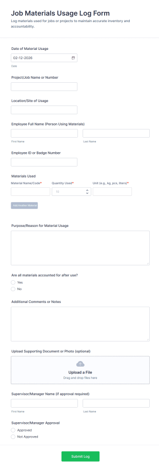 Job Materials Usage Log Form Template