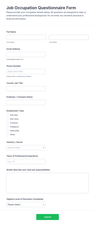Job Occupation Questionnaire Form Template