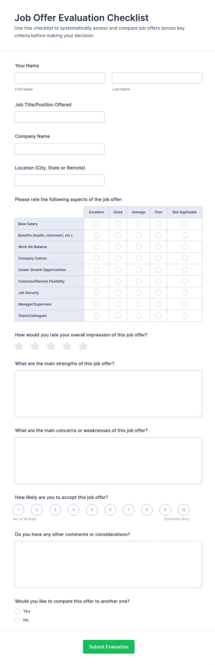 Job Offer Evaluation Checklist Form Template