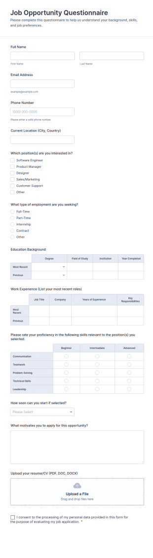 Job Opportunity Questionnaire Form Template