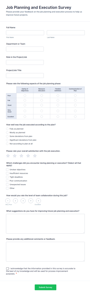 Job Planning And Execution Survey Form Template
