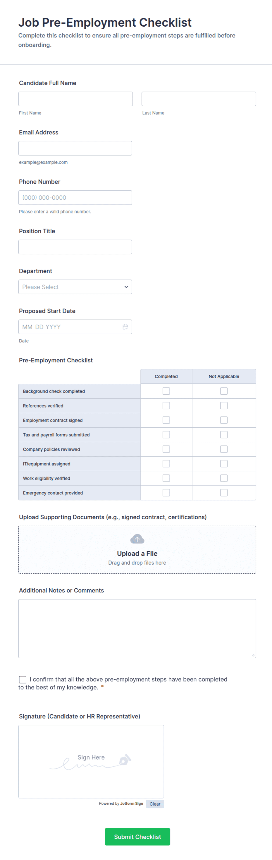 Job Pre-Employment Checklist Form Template | Jotform