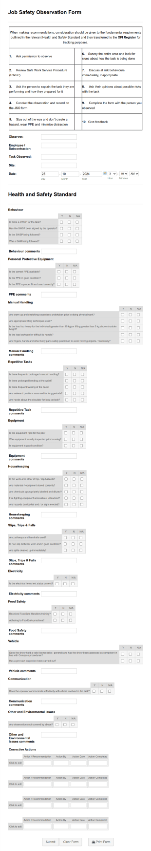 Job Safety Observation Form Template