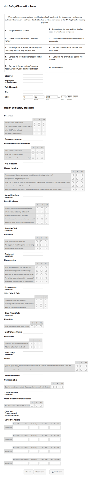 Job Safety Observation Form Template