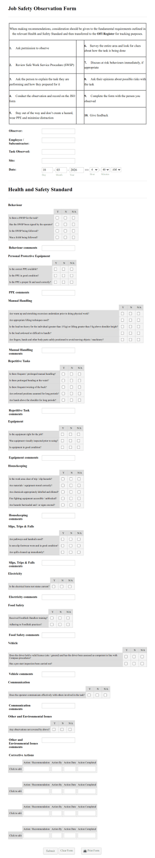 Job Safety Observation Form Template