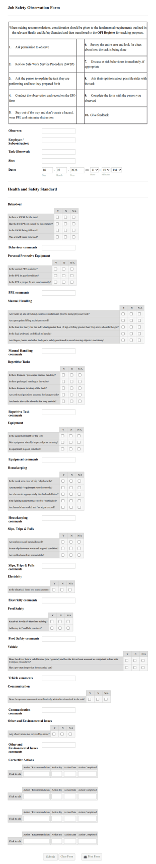 Job Safety Observation Form Template
