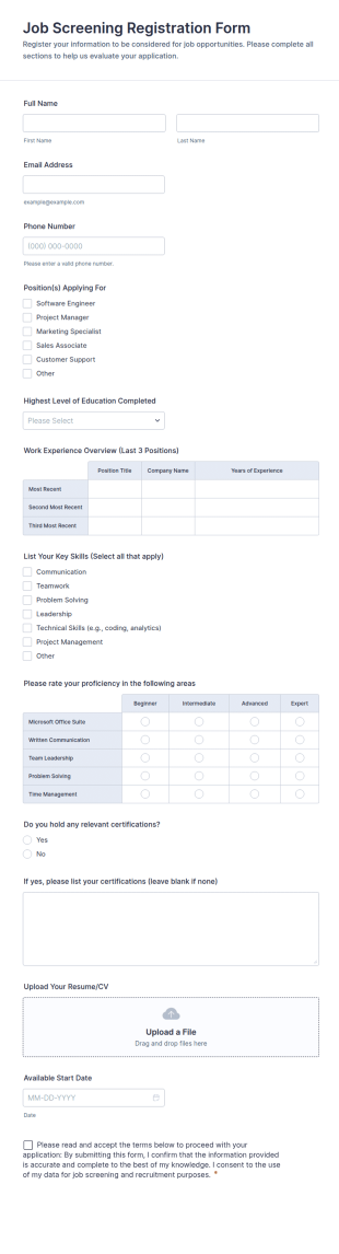 Job Screening Registration Form Template