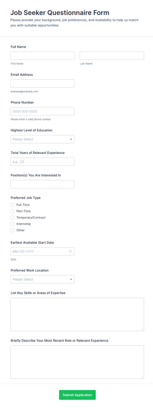 Job Seeker Questionnaire Form Template