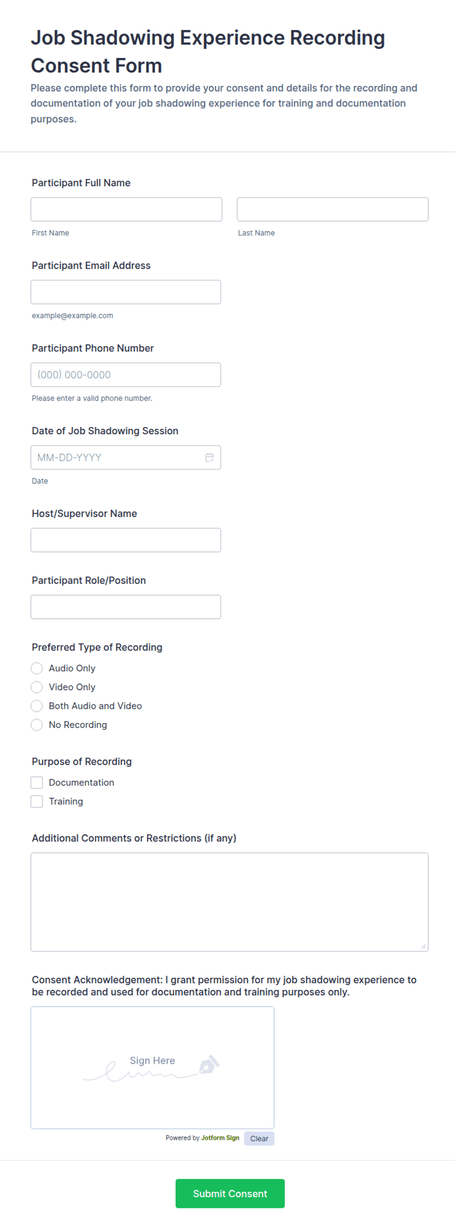 Job Shadowing Experience Recording Form Template | Jotform