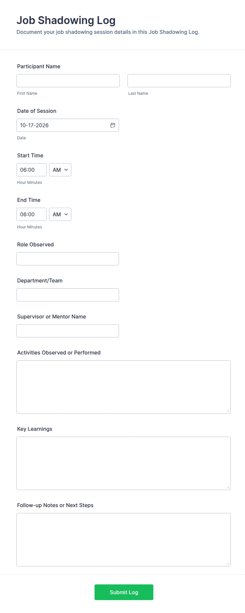 Job Shadowing Log Form Template | Jotform