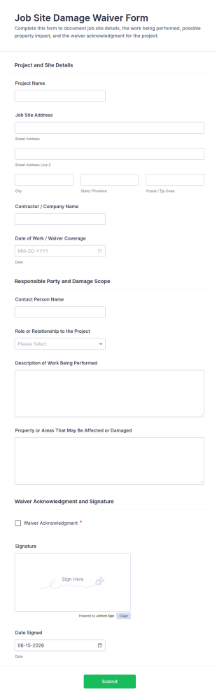 Job Site Damage Waiver Form Template