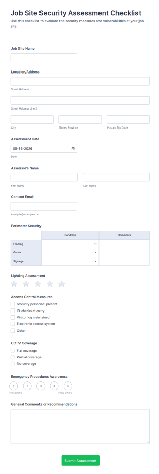 Job Site Security Assessment Checklist Form Template