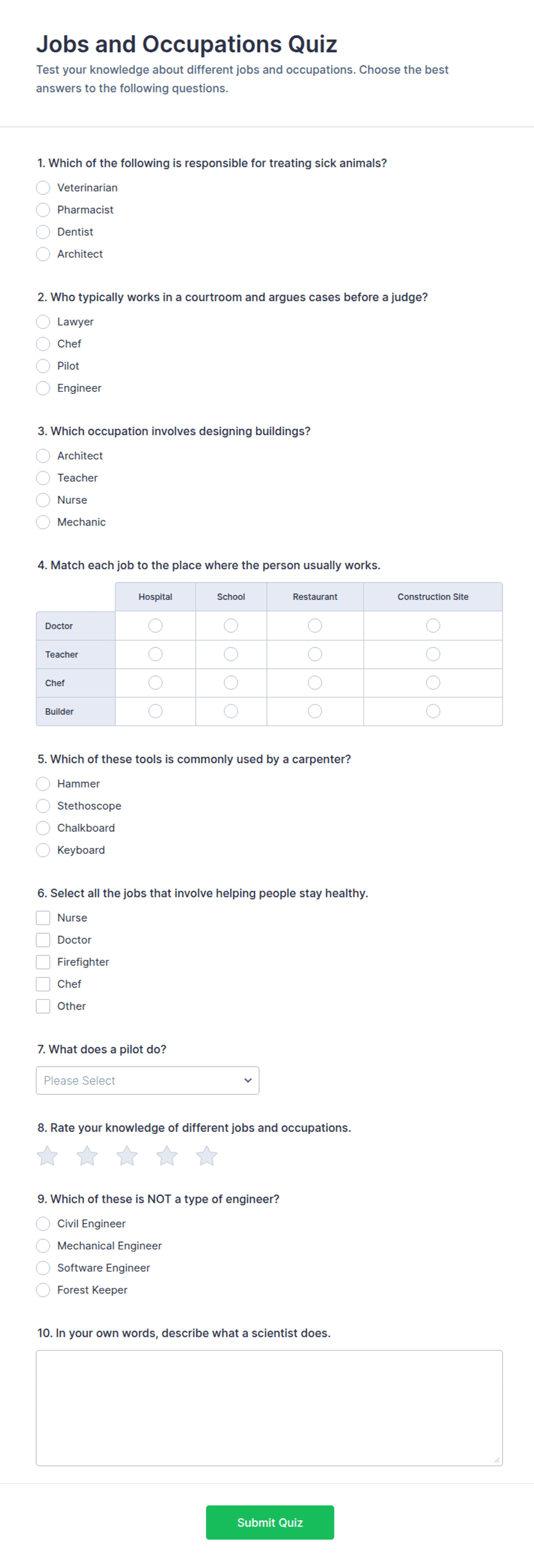 Jobs and Occupations Quiz Form Template | Jotform