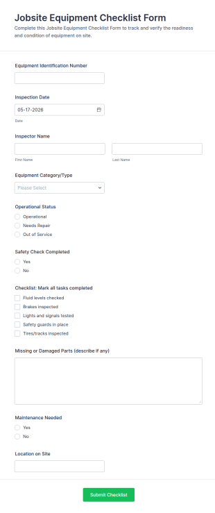 Jobsite Equipment Checklist Form Template