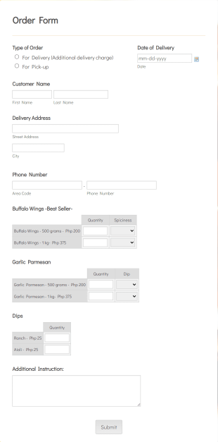 JoChef's Buffalo Wings Order Form Template