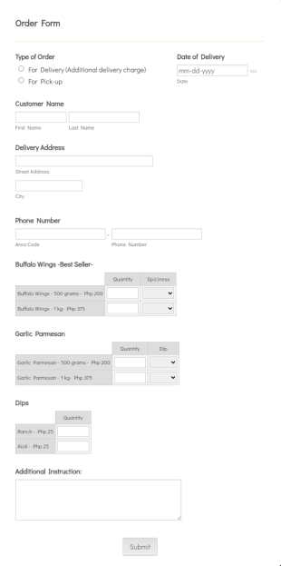 JoChef's Buffalo Wings Order Form Template
