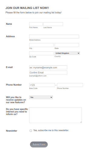 Join Our Mailing List Now!! Form Template