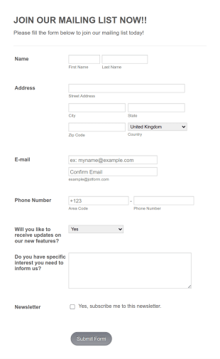 Join Our Mailing List Now!! Form Template