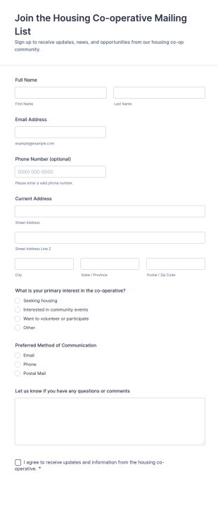 Join The Housing Co Operative Mailing List Form Template