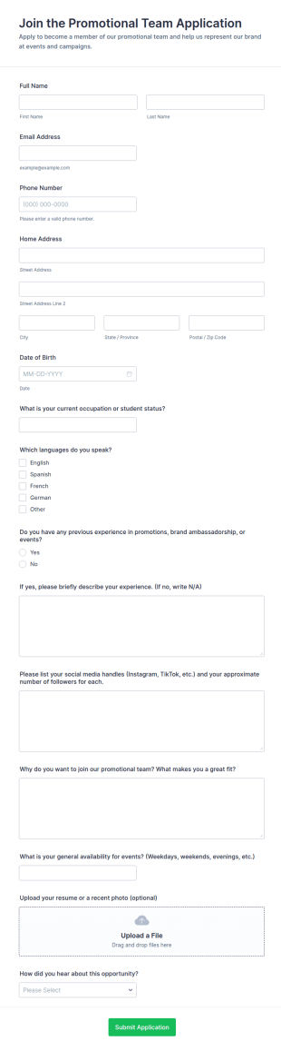 Promotional Team Application Form Template