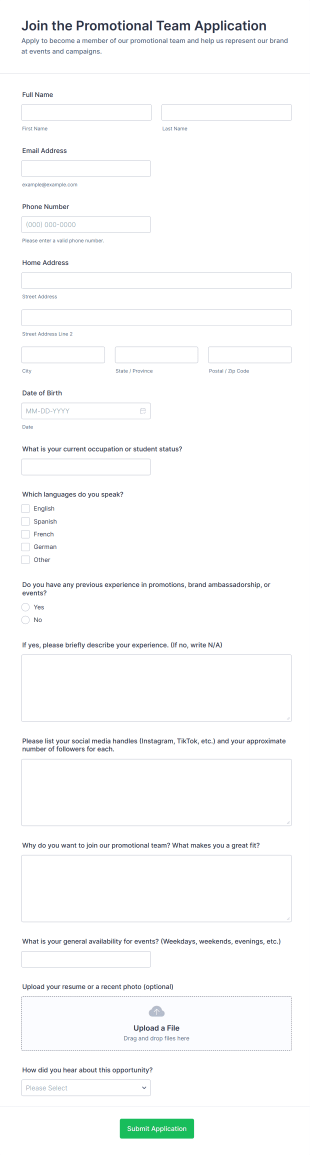 Join The Promotional Team Application Form Template