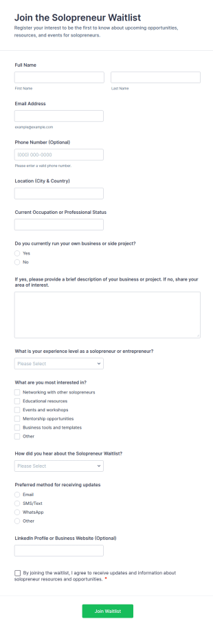 Join The Solopreneur Waitlist Form Template