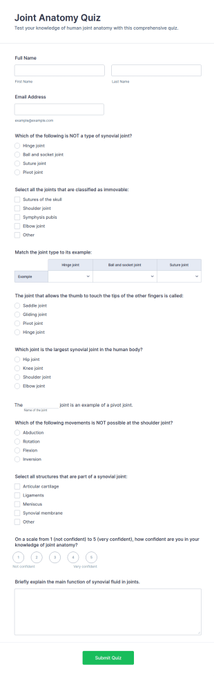 Joint Anatomy Quiz Form Template