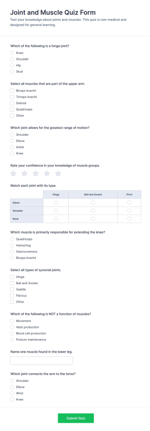 Joint And Muscle Quiz Form Template