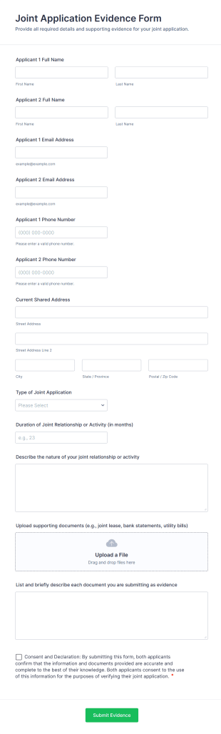 Joint Application Evidence Form Form Template