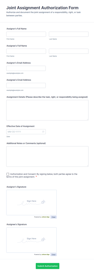 Joint Assignment Authorization Form Template