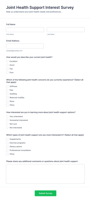 Joint Health Support Interest Survey Form Template