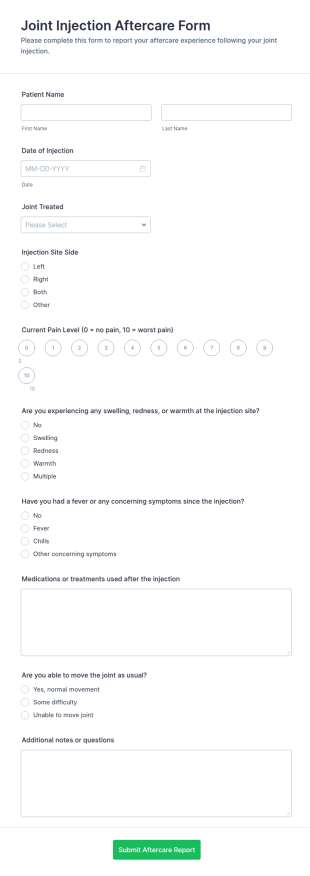 Joint Injection Aftercare Form Template