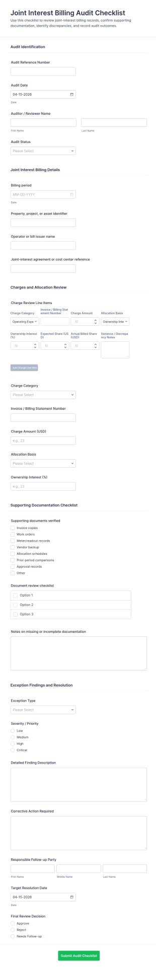 Joint Interest Billing Audit Checklist Form Template