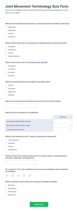 Joint Movement Terminology Quiz Form Template