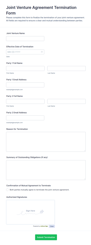 Joint Venture Agreement Termination Contract Form Template