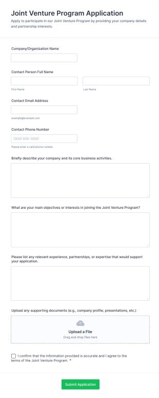 Joint Venture Program Application Form Template