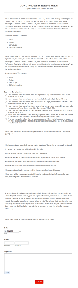 Jolene Nails COVID 19 Liability Release Waiver Form Template