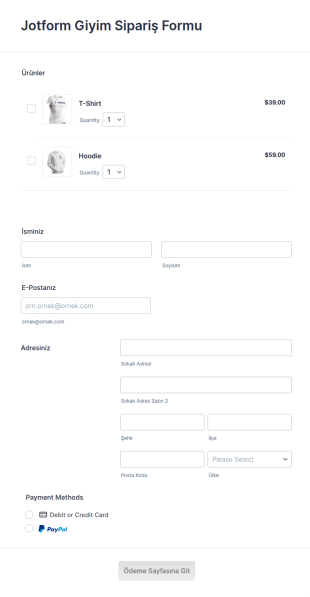 Jotform Giyim Sipariş Form Şablonu