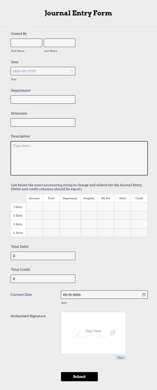 Journal Entry Form Template