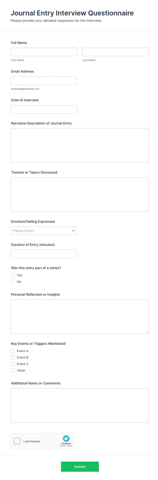 Journal Entry Interview Questionnaire Form Template