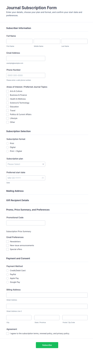 Journal Subscription Form Template