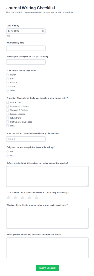 Journal Writing Checklist Form Template